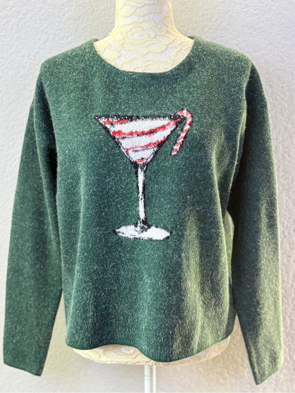 Cynthia Rowley Green Peppermint Martini Cocktail Christmas Holiday Sweater M